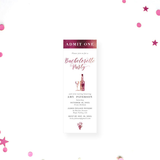 Bachelorette party ticket invitation featuring watercolor illustrations of a wine bottle, wine glass, and grapes