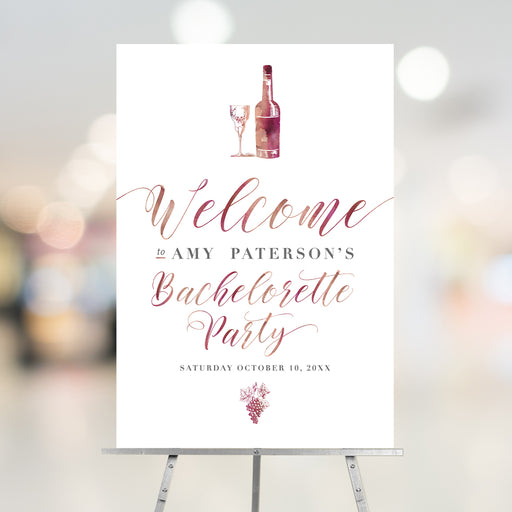 Bachelorette welcome sign with wine bottle, glass, and grapes design, elegant winery party entrance décor