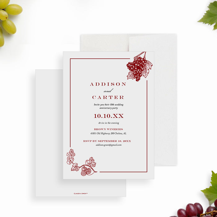 Wine-themed wedding anniversary invitation with a grape illustration and vineyard-inspired design.-front-back