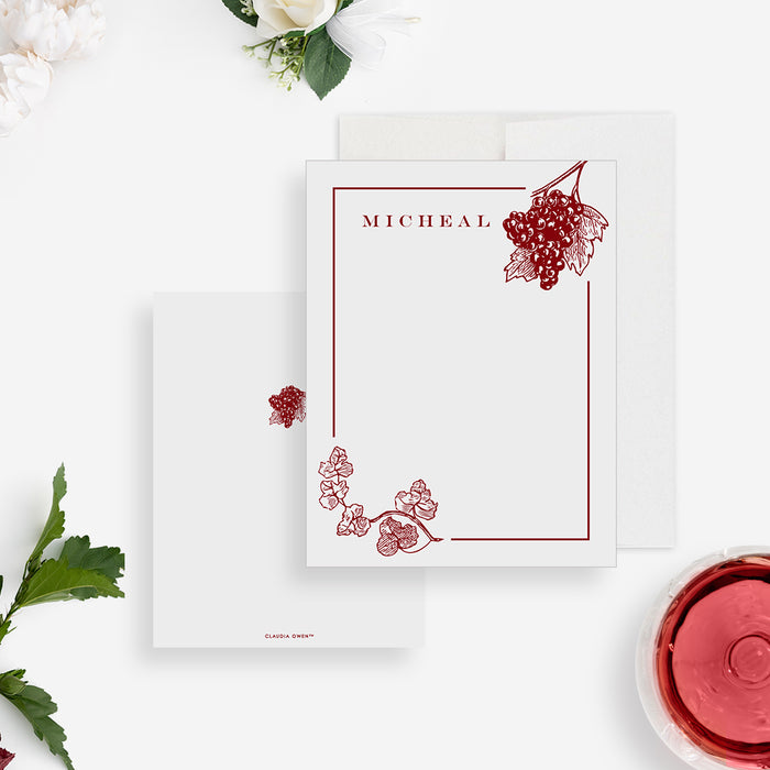 Wedding anniversary note card featuring a grapevine design, personalized thank-you stationery perfect for winery or rustic celebrations.-front-back