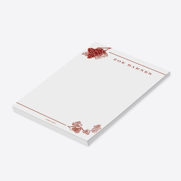 Personalized vineyard notepad featuring a red botanical grapevine illustration, perfect as wine-themed stationery favor or keepsake.-side