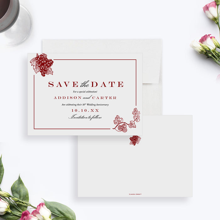 Wine-themed save-the-date card showcasing botanical grape illustrations, perfect for vineyard-inspired weddings or anniversaries.-front-back
