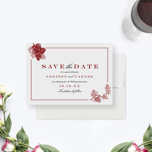 Wine-themed save-the-date card showcasing botanical grape illustrations, perfect for vineyard-inspired weddings or anniversaries.-front