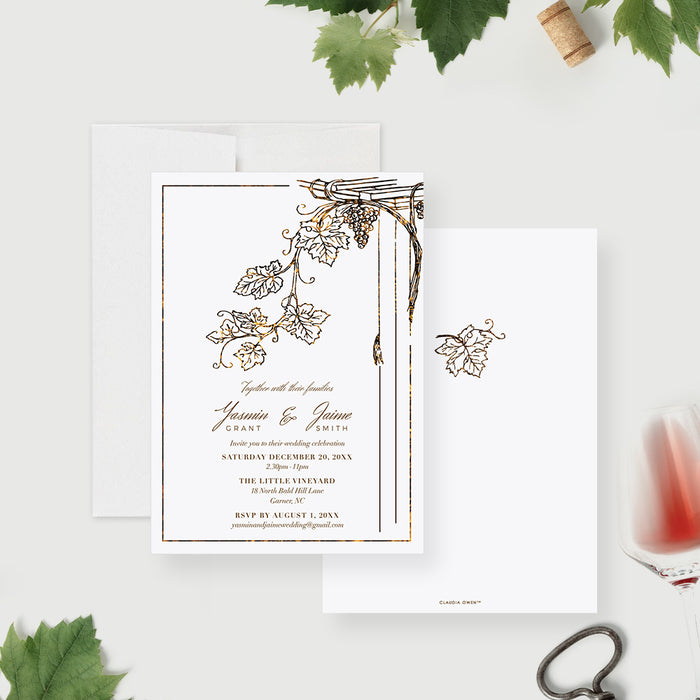 Rustic vineyard wedding invitation with an elegant grapevine design, ideal for wine-themed events.-front-back
