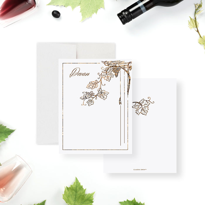 Elegant vineyard note card with grapevine illustration, perfect for wine-themed wedding stationery or as a thoughtful gift.-front-back