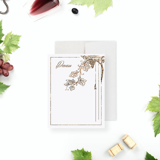 Elegant vineyard note card with grapevine illustration, perfect for wine-themed wedding stationery or as a thoughtful gift.-front