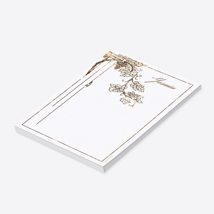 Vineyard-themed personalized notepad featuring a grapevine illustration, elegant wedding favor, or wine lover stationery gift -side