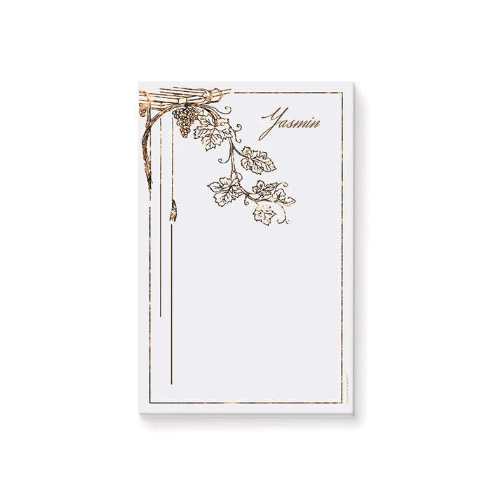 Vineyard-themed personalized notepad featuring a grapevine illustration, elegant wedding favor, or wine lover stationery gift 