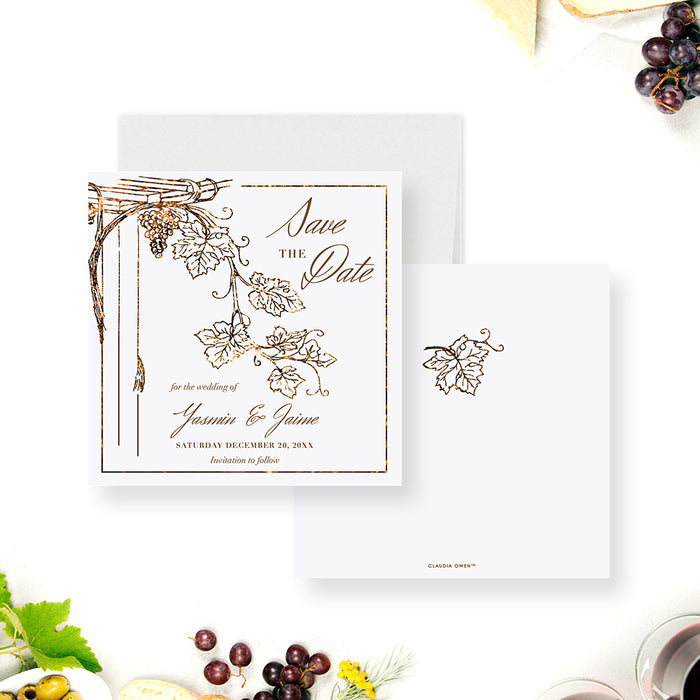 Elegant vineyard save the date card featuring a grapevine design for winery wedding celebrations.-front-back