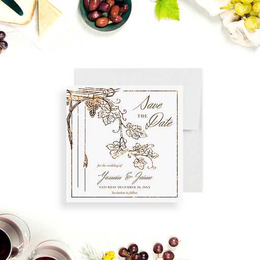 Elegant vineyard save the date card featuring a grapevine design for winery wedding celebrations.-front