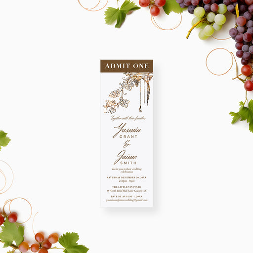 Vineyard wedding ticket invitation with grapevine design, ideal for rustic winery or countryside weddings.