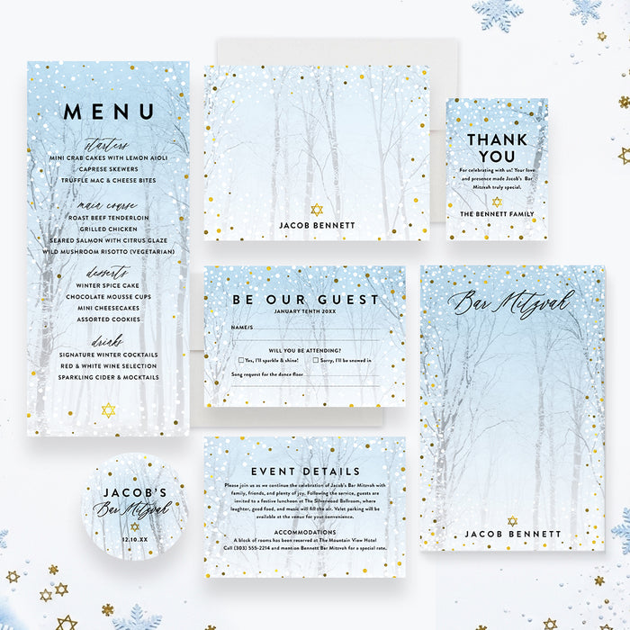Winter Bar Mitzvah Invitation Snowy Forest Theme Card