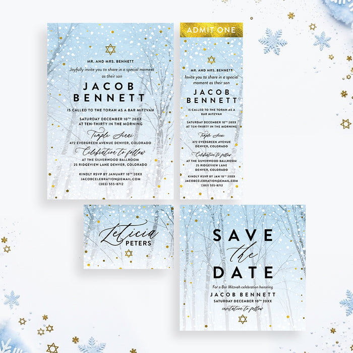 Winter Bar Mitzvah Invitation Snowy Forest Theme Card