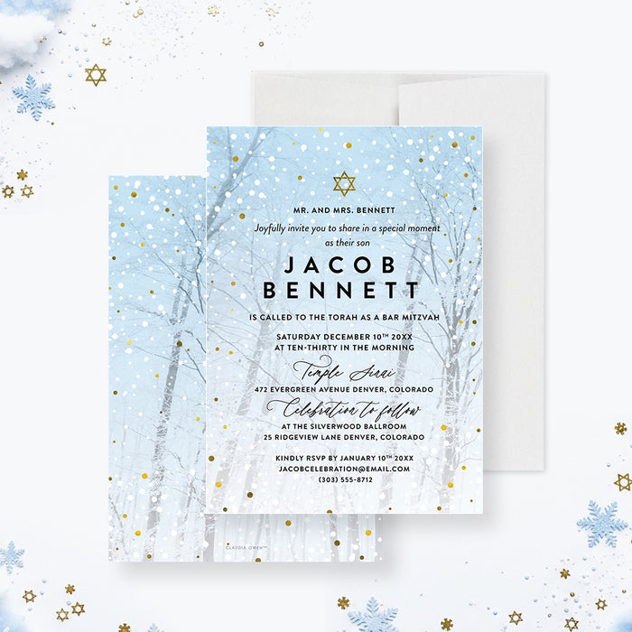 Bar Mitzvah invitation featuring a snowy forest background and Star of David, personalized for a Jewish winter-themed celebration.-front-back