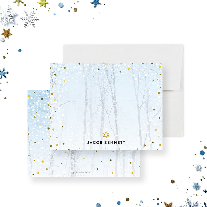 Bar Mitzvah note card featuring a snowy forest background and Star of David, elegant Jewish stationery.-front-back