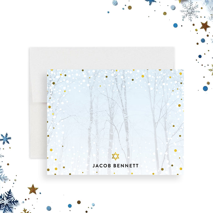 Bar Mitzvah note card featuring a snowy forest background and Star of David, elegant Jewish stationery.-front