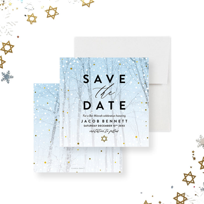 Bar Mitzvah save the date card with a snowy forest background and gold accents, featuring a Star of David for a Jewish coming-of-age celebration.-front-back