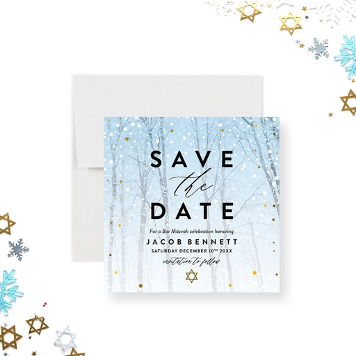 Bar Mitzvah save the date card with a snowy forest background and gold accents, featuring a Star of David for a Jewish coming-of-age celebration.-front