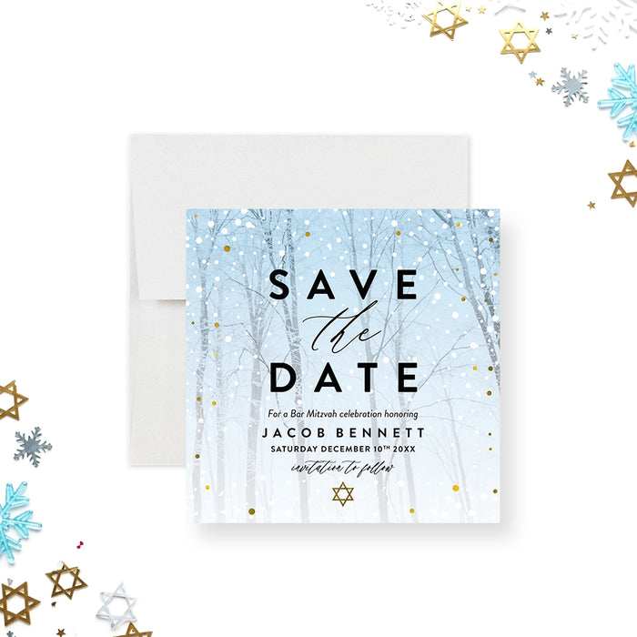 Bar Mitzvah save the date card with a snowy forest background and gold accents, featuring a Star of David for a Jewish coming-of-age celebration.-front