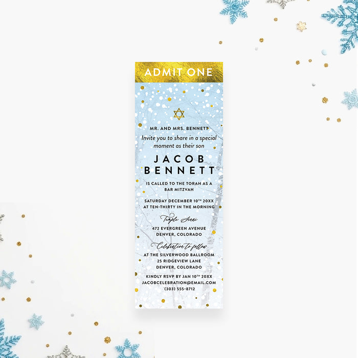 Bar Mitzvah ticket invitation with snowy forest background and Star of David, ideal for Jewish celebrations and winter events.