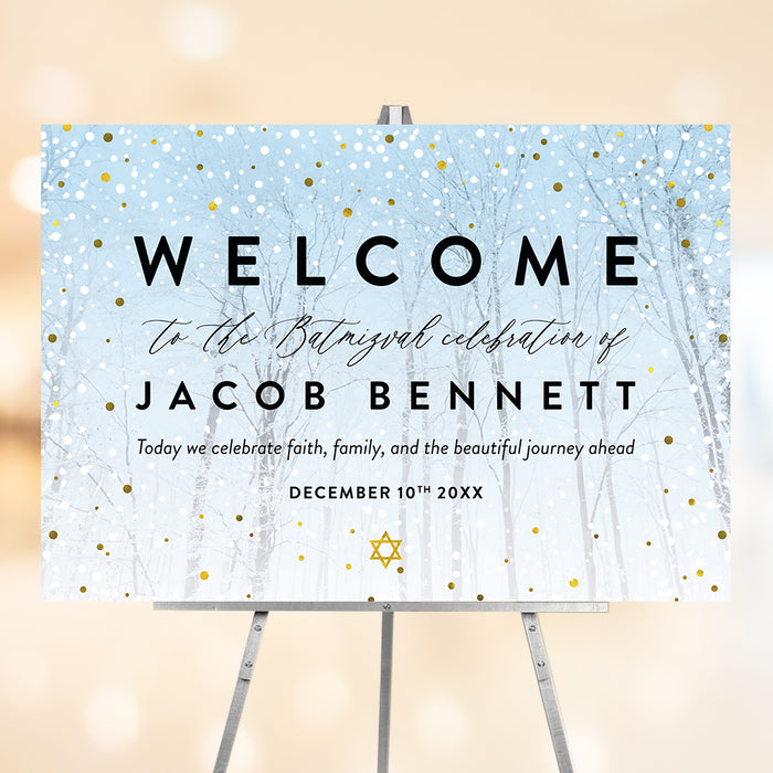 Bar Mitzvah welcome sign featuring a Star of David, with a blue and gold snowy forest design, perfect for Jewish event décor at a synagogue celebration.