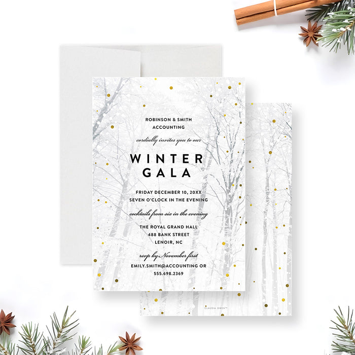 Winter gala invitation featuring a snowy forest background and gold snow accents, customizable for holiday parties and formal winter events.-front-back