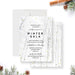 Winter gala invitation featuring a snowy forest background and gold snow accents, customizable for holiday parties and formal winter events.-front-back