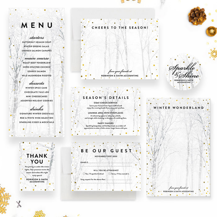 Set of winter-themed party invitations with menu and RSVP card on a white background.