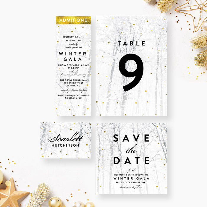 Set of table number and invitation cards for a winter gala event.