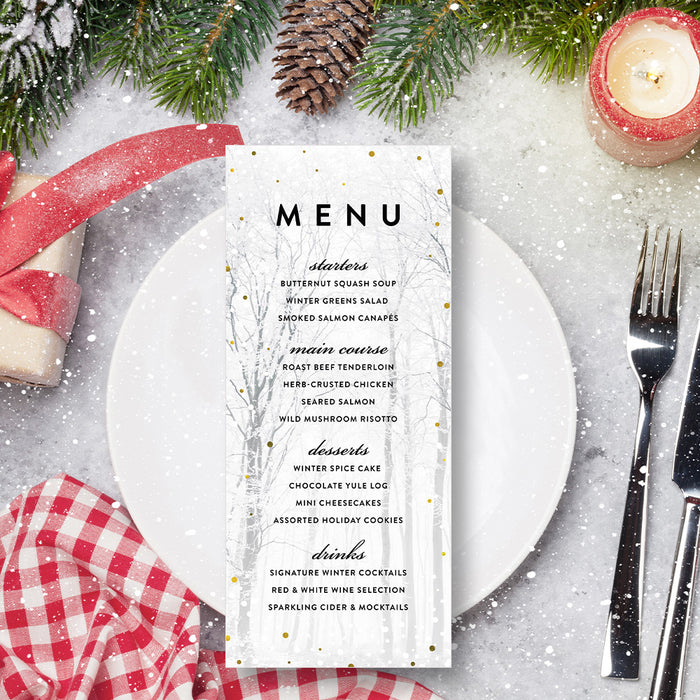 Christmas-themed menu card on a festive table setting with candles, ribbons, and greenery.