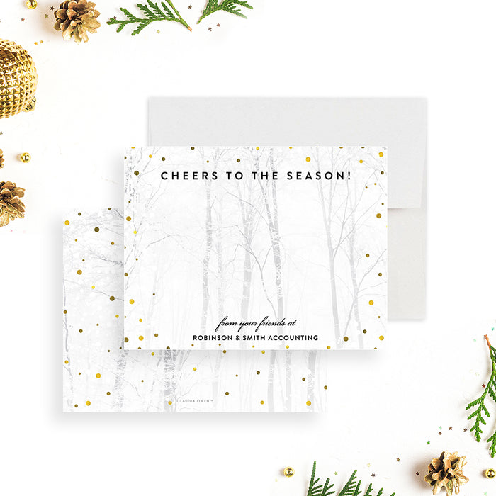 Elegant winter holiday note card featuring a snowy forest background and gold accents, customizable for seasonal gift stationery.-front-back