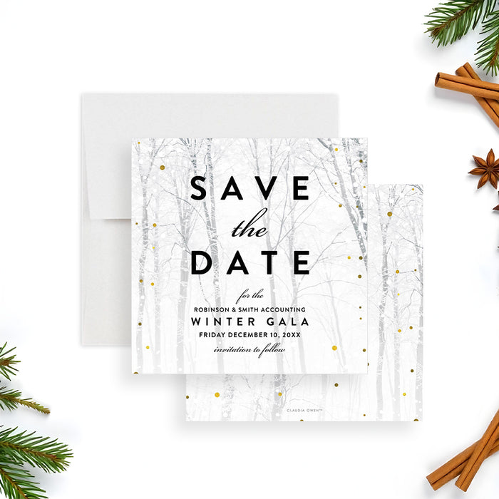Snowy forest save the date card with gold accents, customizable for weddings, holiday celebrations, and winter parties.-front-back