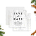 Snowy forest save the date card with gold accents, customizable for weddings, holiday celebrations, and winter parties.-front-back