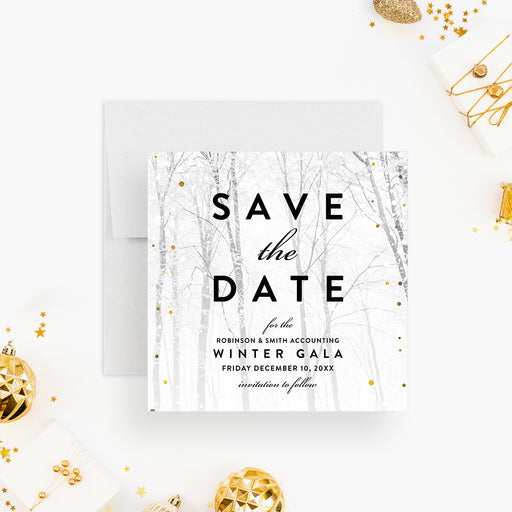 Snowy forest save the date card with gold accents, customizable for weddings, holiday celebrations, and winter parties.-front
