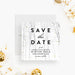 Snowy forest save the date card with gold accents, customizable for weddings, holiday celebrations, and winter parties.-front