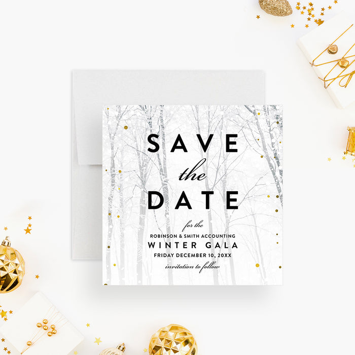 Save the Date card for a winter gala with decorative elements on a white background