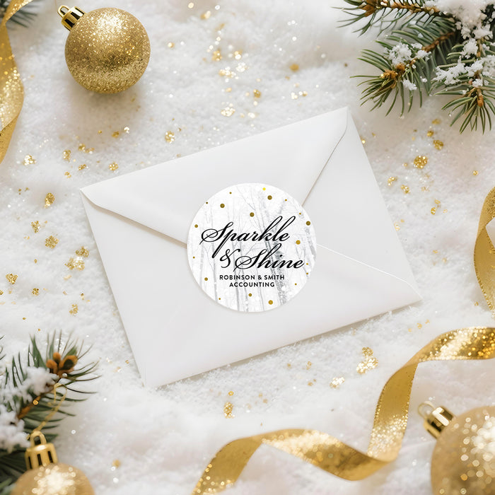 Envelope with a decorative sticker labeled 'Sparkle & Shine' surrounded by Christmas ornaments and decorations.