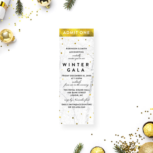 Custom winter gala ticket invitation featuring a gold and snowy forest background, with personalized event details for parties and formal events.