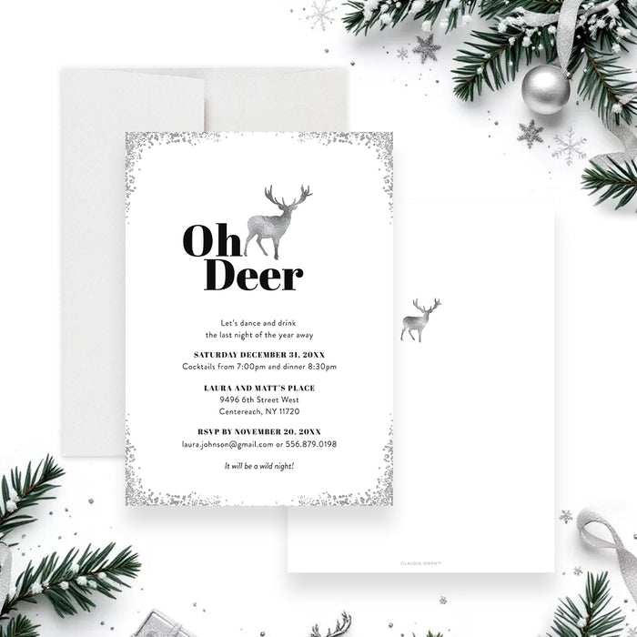 Oh Deer New Year’s Eve party invitation with silver deer illustration and festive winter design-front-back