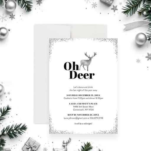 Oh Deer New Year’s Eve party invitation with silver deer illustration and festive winter design-front
