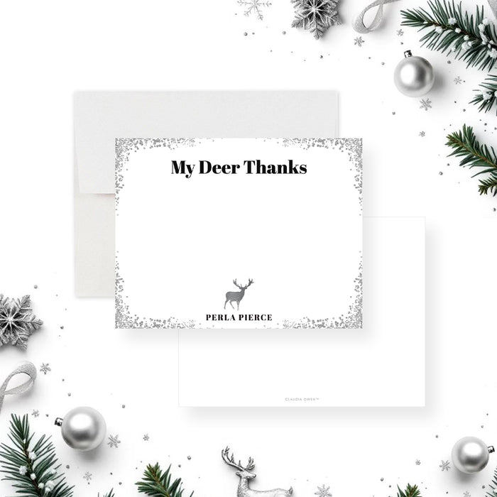 winter thank you card with elegant deer stag illustration and festive seasonal stationery design-front-back