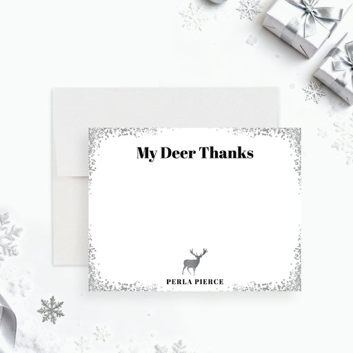 winter thank you card with elegant deer stag illustration and festive seasonal stationery design-front