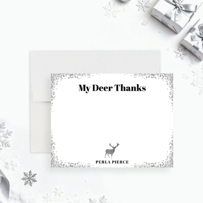 winter thank you card with elegant deer stag illustration and festive seasonal stationery design-front