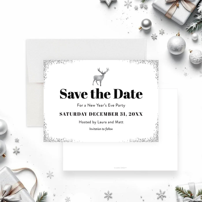 elegant New Year’s Eve save the date card with festive reindeer winter holiday design-front-back