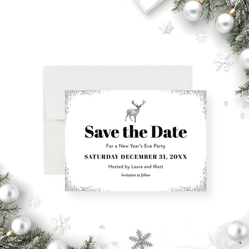elegant New Year’s Eve save the date card with festive reindeer winter holiday design-front