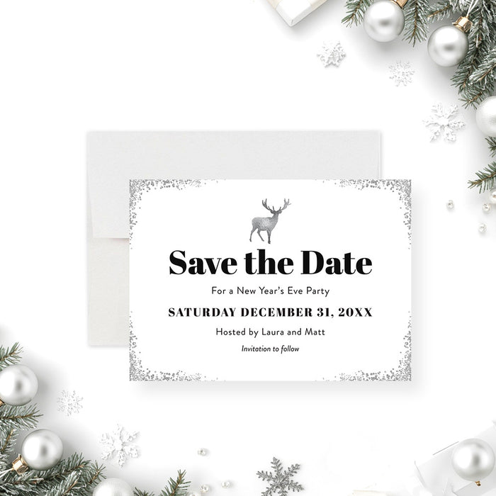 elegant New Year’s Eve save the date card with festive reindeer winter holiday design-front