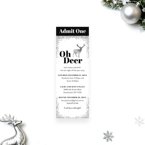 winter admit one ticket invitation with deer illustration and silver accents for holiday and New Year celebrations