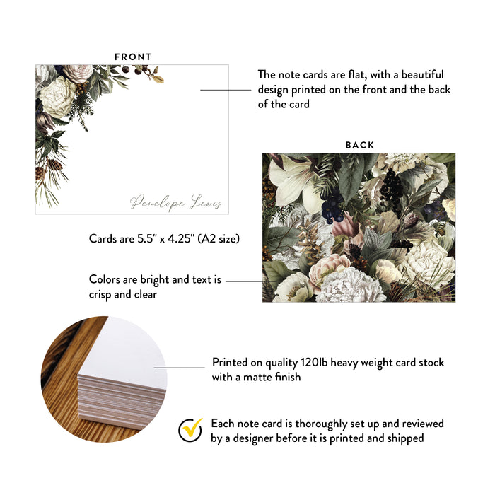 A2 note card specifications: 5.5 × 4.25 inches, double-sided printing and heavyweight 120 lb matte cardstock.
