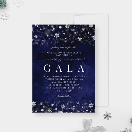 Winter gala invitation template featuring elegant snowfall details on a deep blue background for a formal corporate holiday event