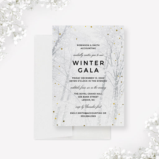 Winter Gala invitation with snowy forest design. Printable Winter Wonderland digital download for parties, birthdays, and corporate events.